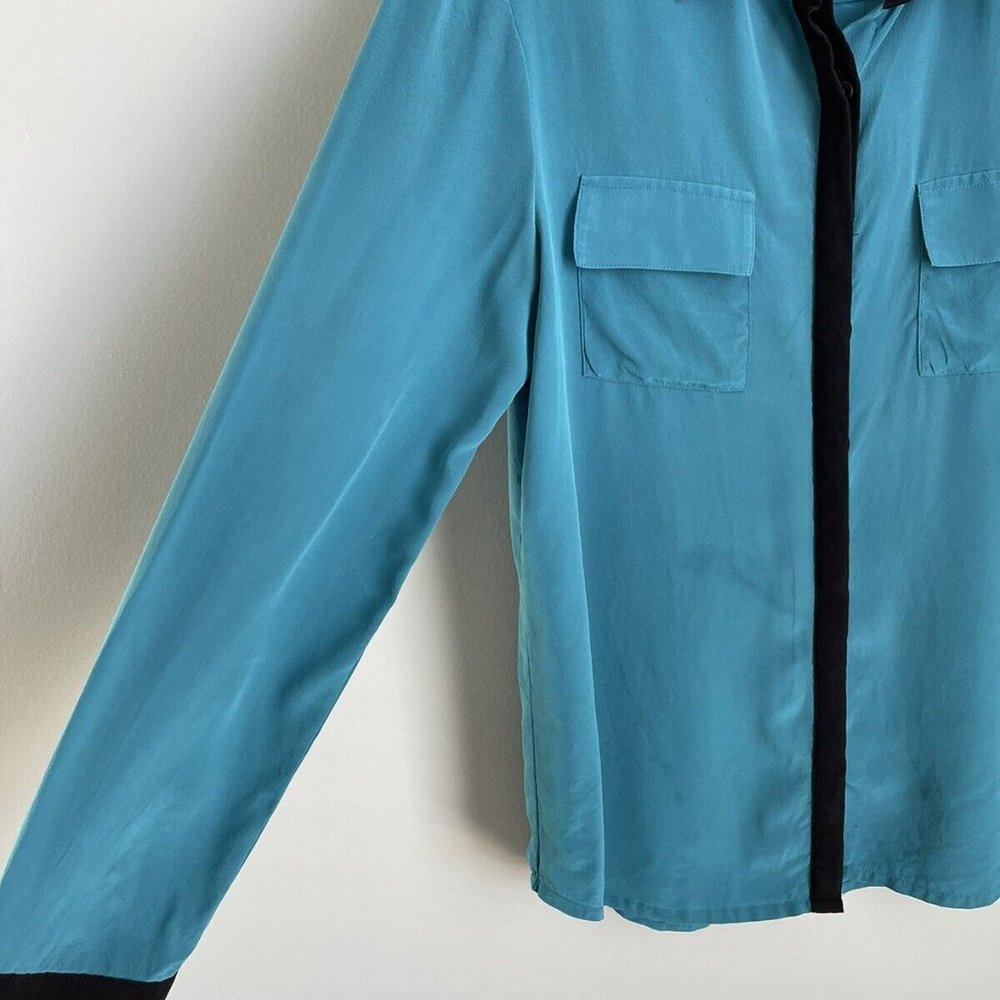 Garnet Hill Blue Black Trim 100% Silk Long Sleeve Button Down Blouse - Picture 4 of 8
